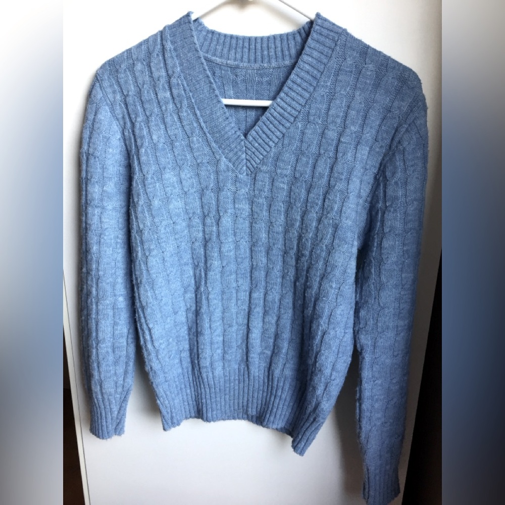 Vintage 80’s cable knit sweater women’s medium periwinkle blue v-neck cottage - Picture 1 of 3